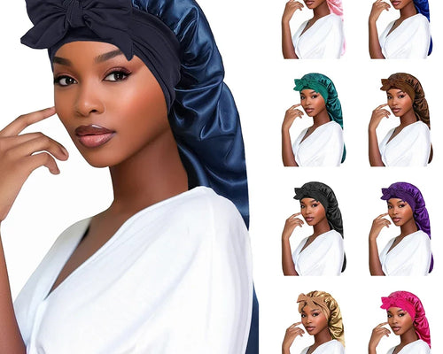 Women Bonnet Satin Sleeping Hat Long Tail Braid Hair Night Sleep Cap Head Cover Bonnets Shower Caps for Sauna Bathing Bonnet